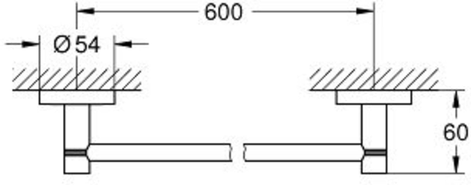 Brushed metal towel bar with 32-inch span and wall-mounted brackets shown in technical diagram with dimensions.