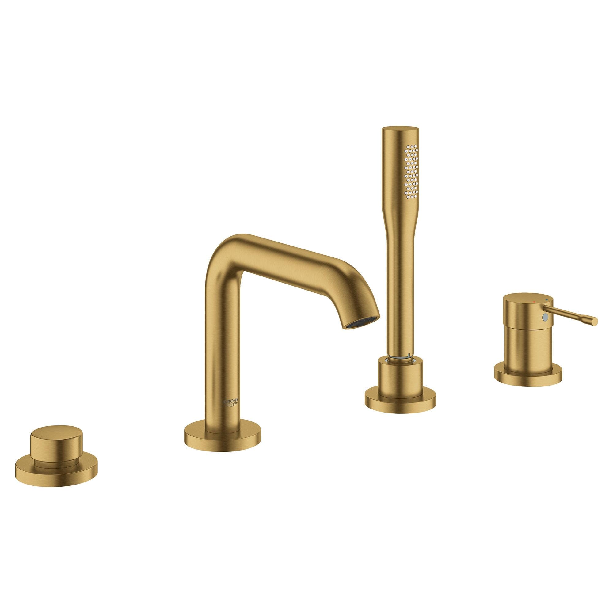 Grohe Essence brushed gold four-piece roman tub faucet set with curved spout, hand shower, and control handles.