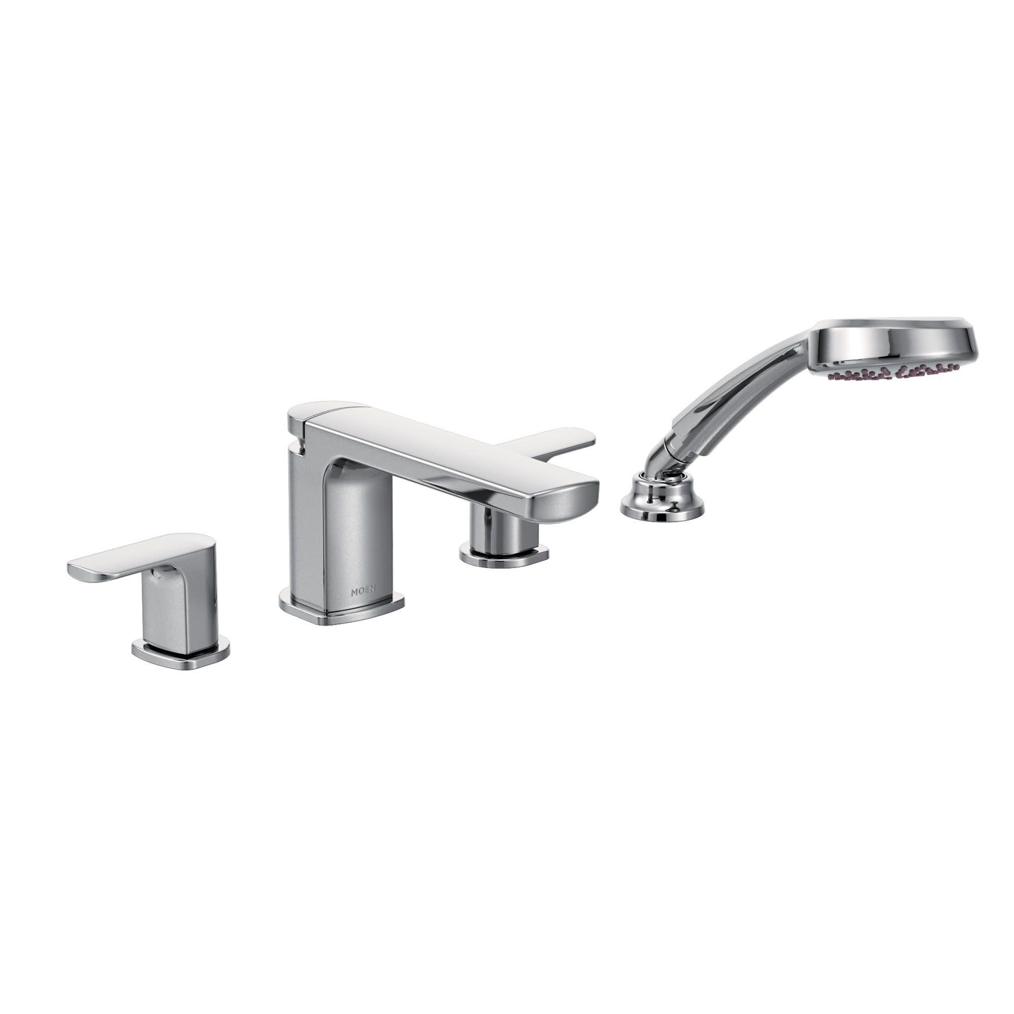 Chrome Roman tub faucet with two handles, low arc spout, and detachable hand shower on right.