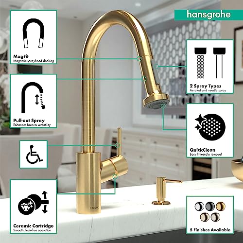 Brushed gold pull-down kitchen faucet with high arc spout and dual spray settings mounted on white countertop.