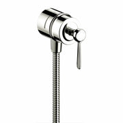 Polished nickel wall outlet with lever handle, flexible hose connection, and cylindrical valve body.