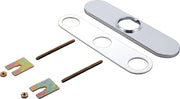 Chrome finish escutcheon with white gaskets, brass fasteners, and metal shims displayed as components.