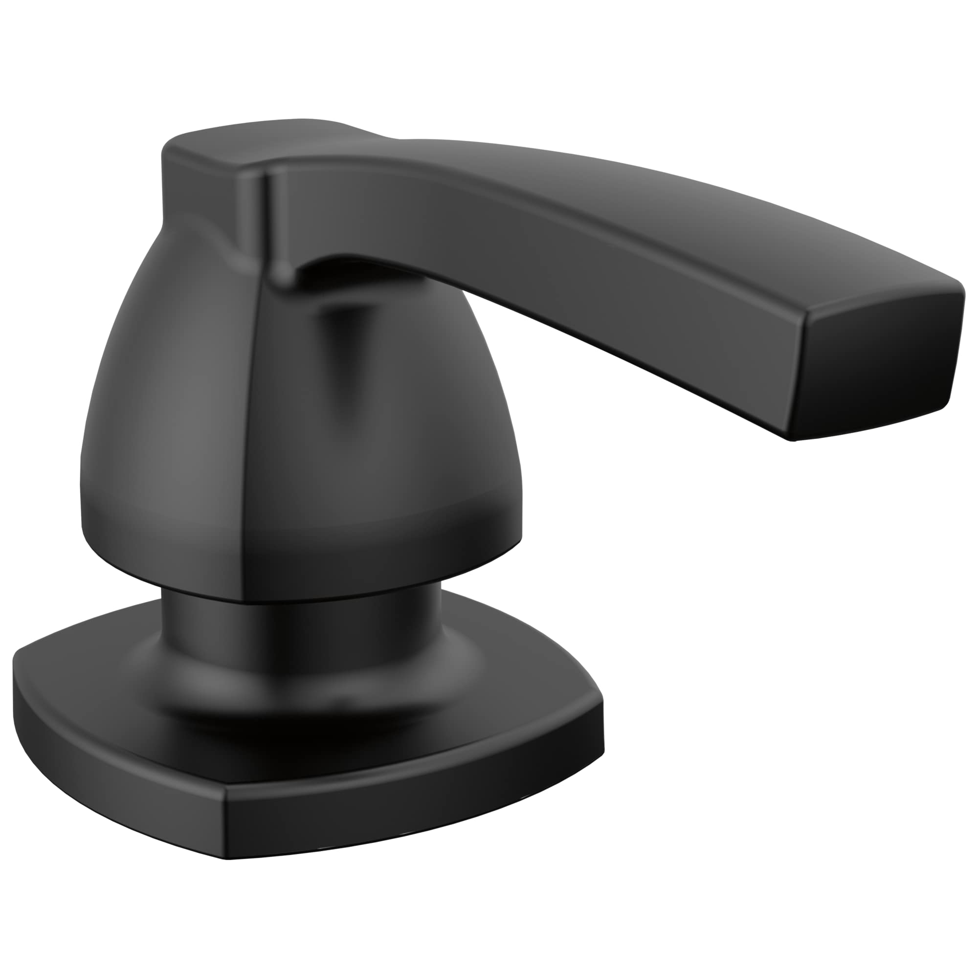 Matte black soap and lotion dispenser with dome-shaped pump and rectangular lever handle on square base.