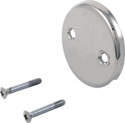 Chrome overflow plate with two mounting screws for bathtub drain installation.