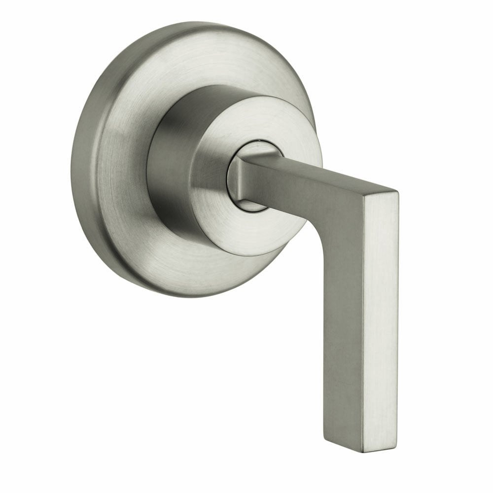 Brushed nickel volume control trim with rectangular lever handle and circular escutcheon plate.