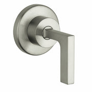 Brushed nickel volume control trim with rectangular lever handle and circular escutcheon plate.