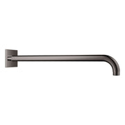 Dark gray shower arm with square wall mount and curved end, extends horizontally from wall.