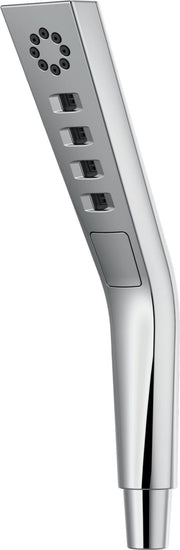 Chrome hand shower with square face, seven circular nozzles, and four control buttons along the handle.