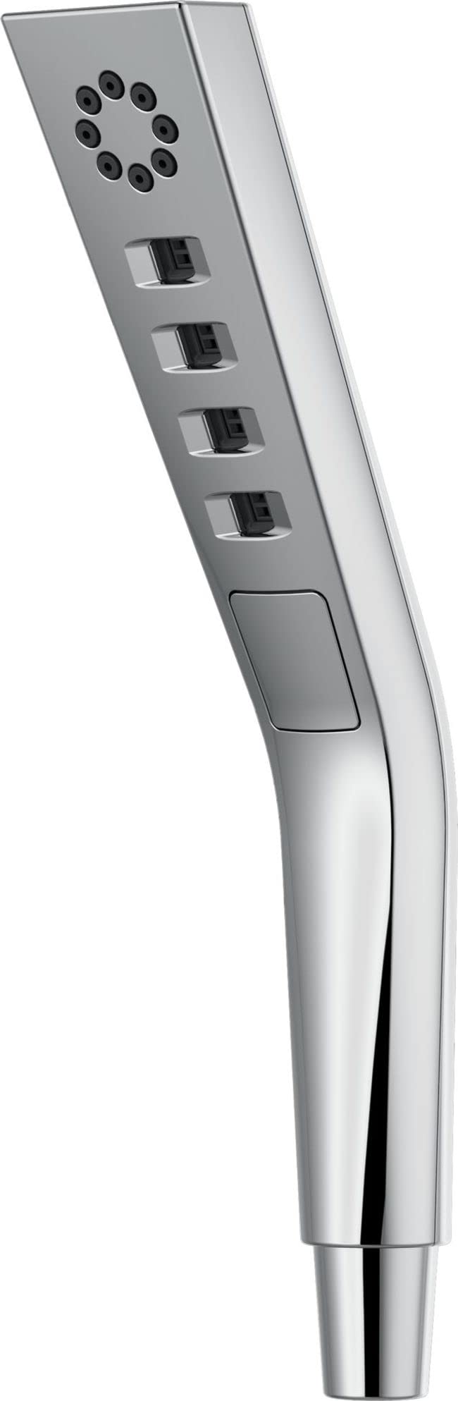 Chrome hand shower with square face, seven circular nozzles, and four control buttons along the handle.