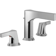 Chrome three-piece bathroom faucet with two handles, tall central spout, and tapered base with pop-up drain assembly.