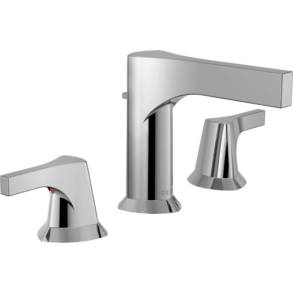 Chrome three-piece bathroom faucet with two handles, tall central spout, and tapered base with pop-up drain assembly.