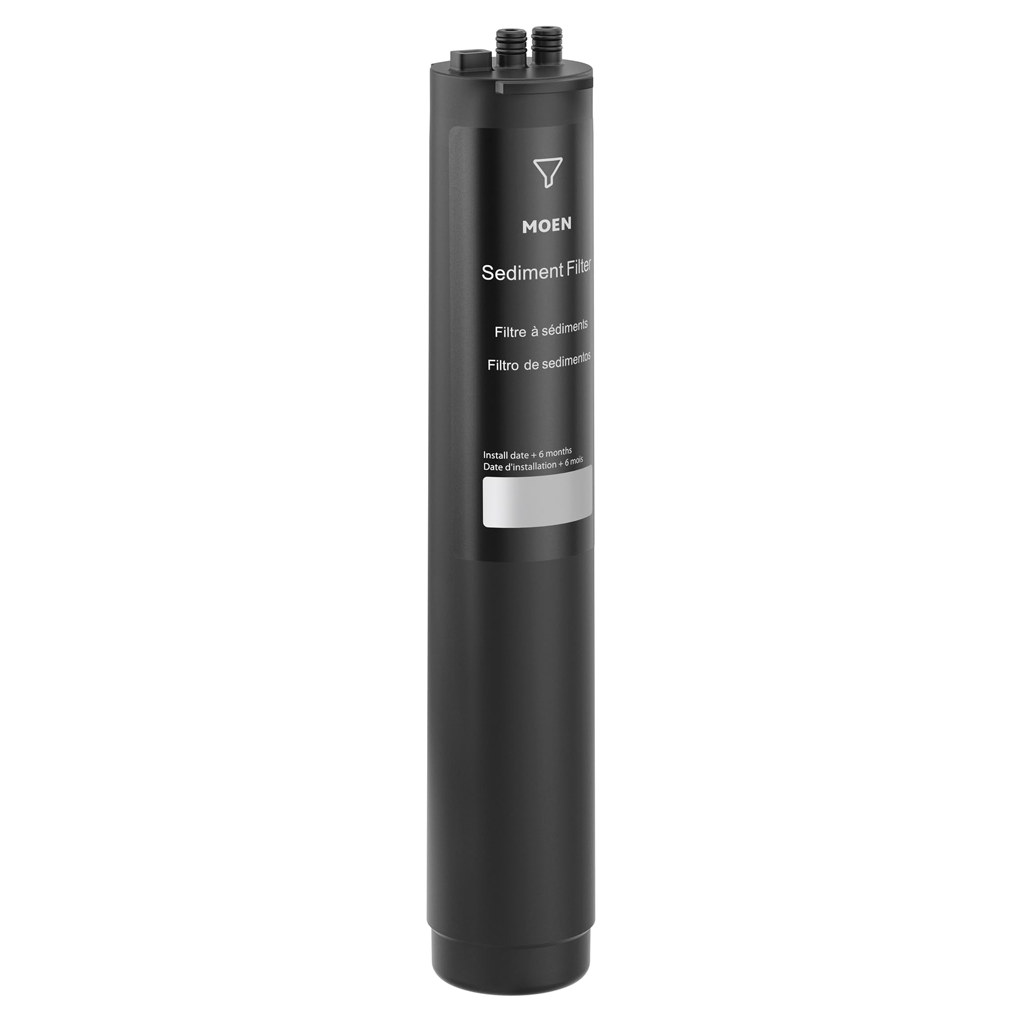 Black cylindrical Moen sediment filter cartridge with threaded connectors at top and replacement date label.