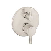 Brushed nickel shower valve trim with round escutcheon plate, two knobs, and diverter lever.