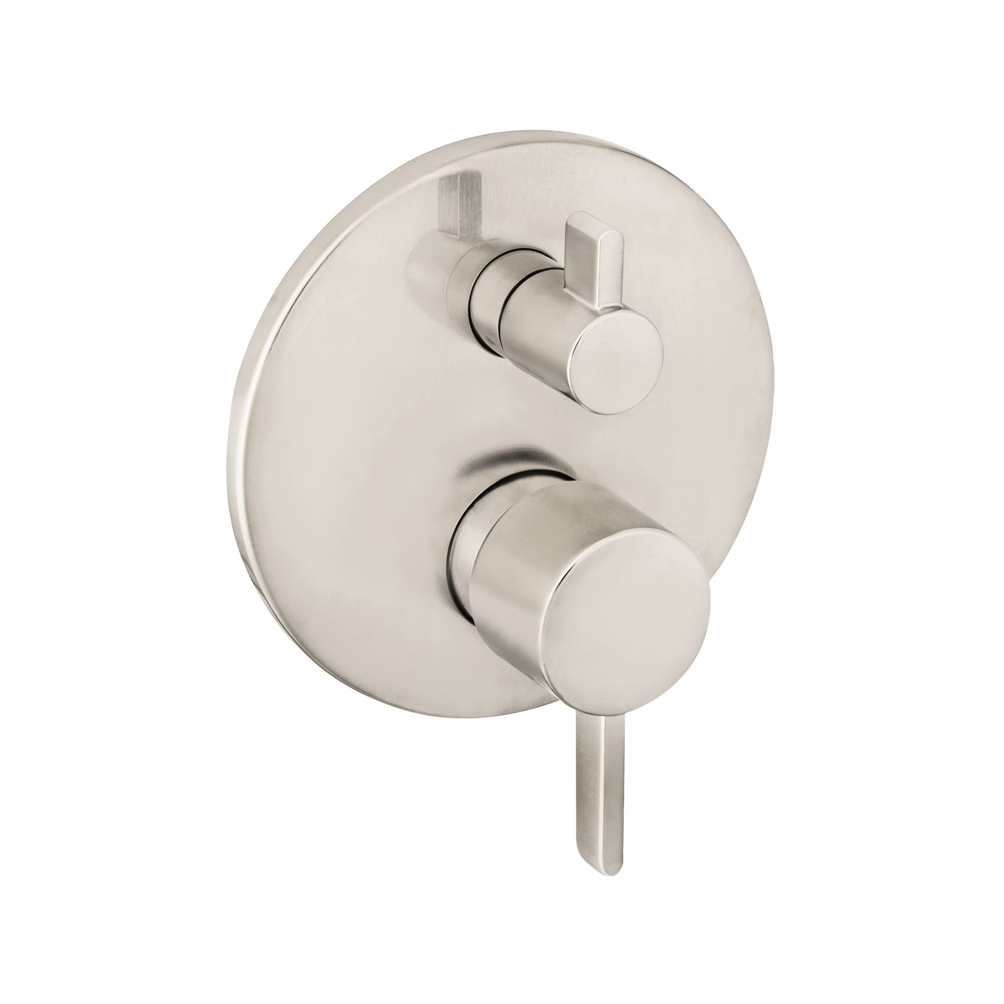 Brushed nickel shower valve trim with round escutcheon plate, two knobs, and diverter lever.