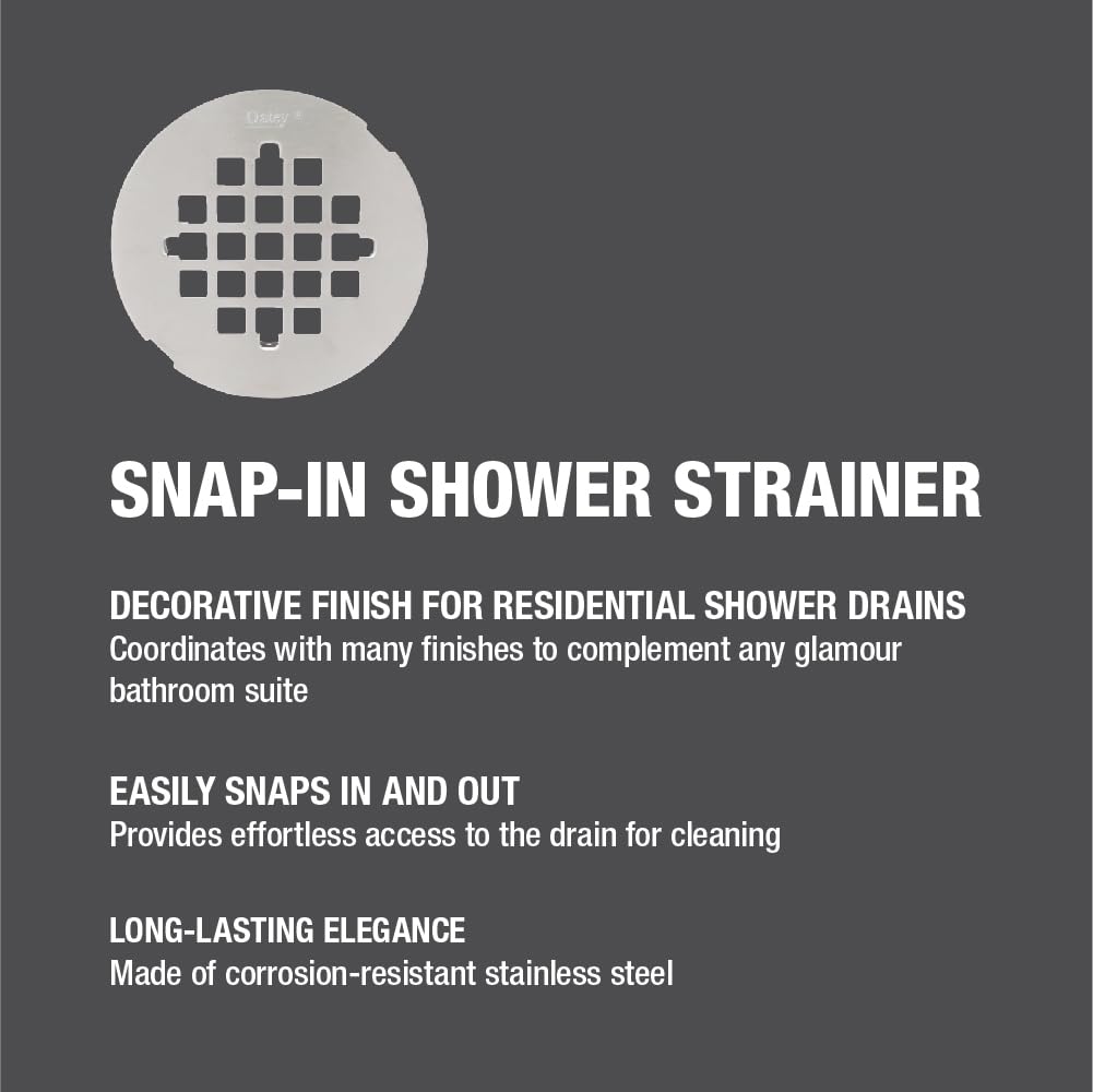 Round satin nickel shower strainer with square perforations and snap-tight closure mechanism.