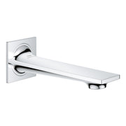 Chrome tub spout with rectangular escutcheon plate and curved spout extending from wall-mounted base.