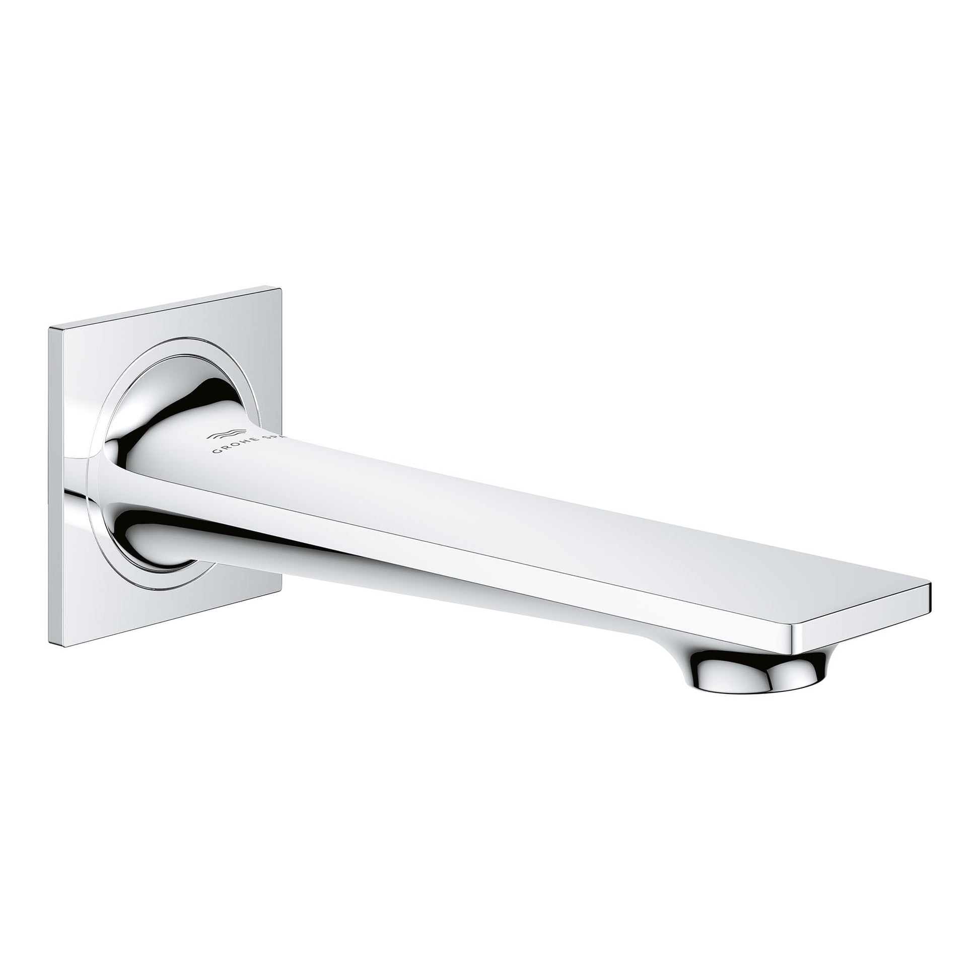 Chrome tub spout with rectangular escutcheon plate and curved spout extending from wall-mounted base.