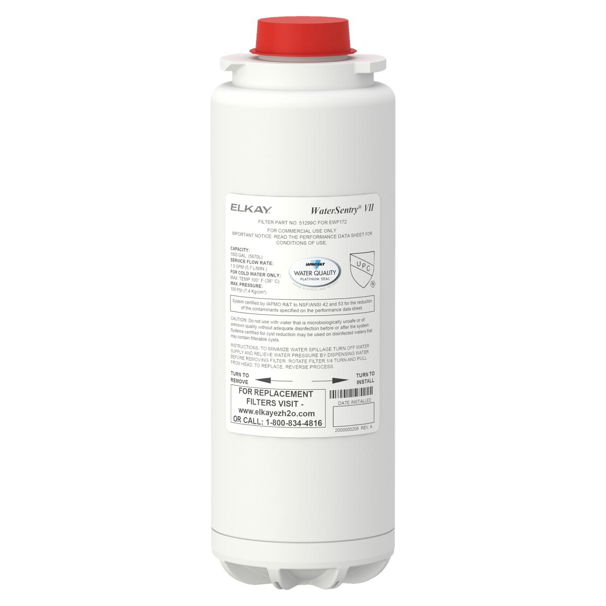 Elkay WaterSentry VII cylindrical water filter with red cap and product information label on white body.