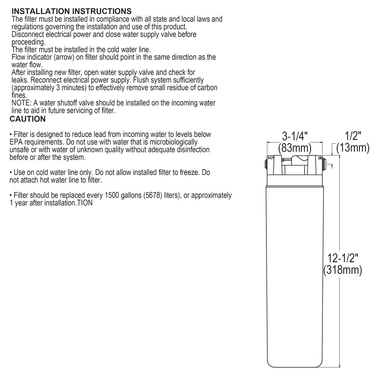 WaterSentry VII filter cartridge with installation instructions and dimension specifications for coolers and fountains.