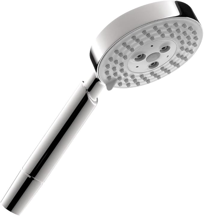 Chrome handheld showerhead with round face, multiple jet nozzles, and black grip handle on white stem.