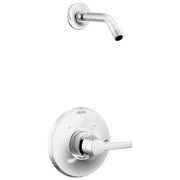 Chrome shower arm with angled end and round wall-mounted valve trim with lever handle.