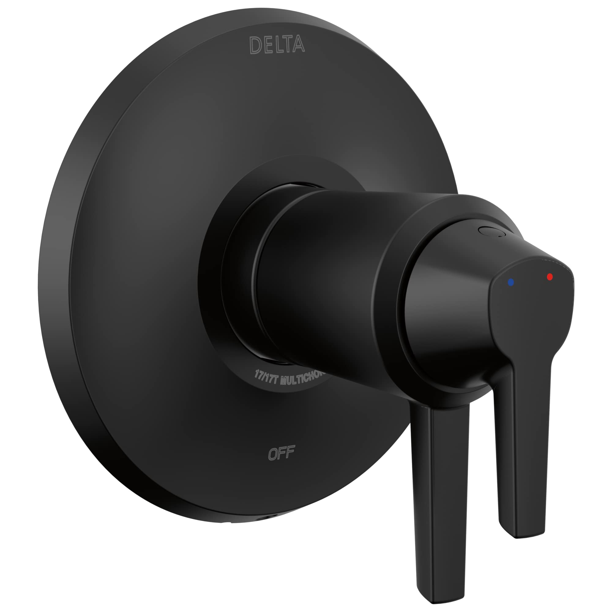 Matte black Delta Galeon 17T Series valve trim with circular trim plate, cylindrical handle, and temperature indicator dots.
