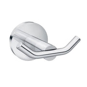 Chrome double robe hook with two curved arms extending from a circular wall-mounted base.