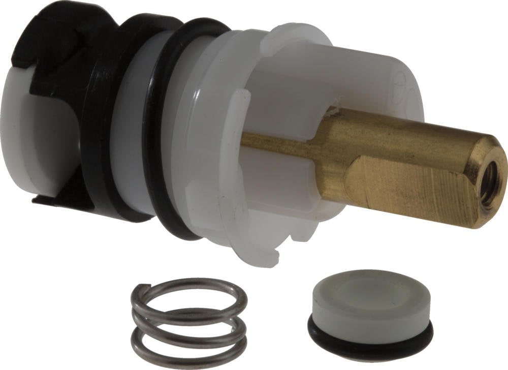 Delta RP8230 stem unit with ceramic seat, o-ring, spring and brass cartridge assembly disassembled.