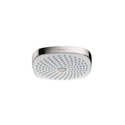 Round white and chrome shower head with perforated spray face and chrome trim ring.