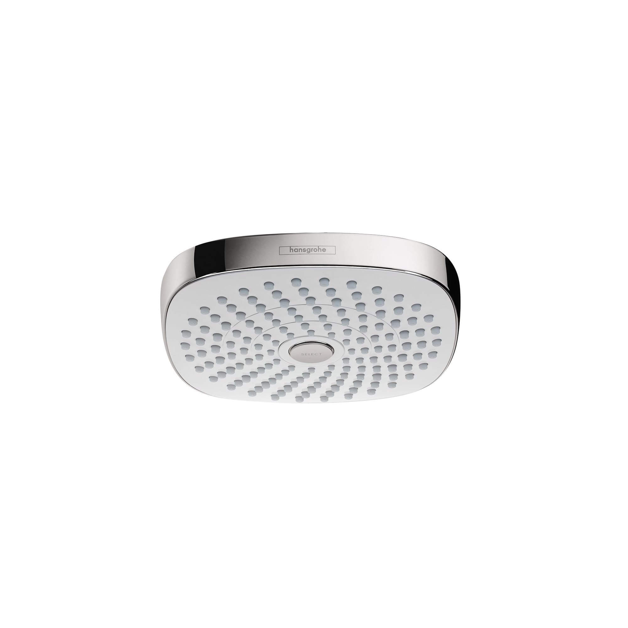 Round white and chrome shower head with perforated spray face and chrome trim ring.