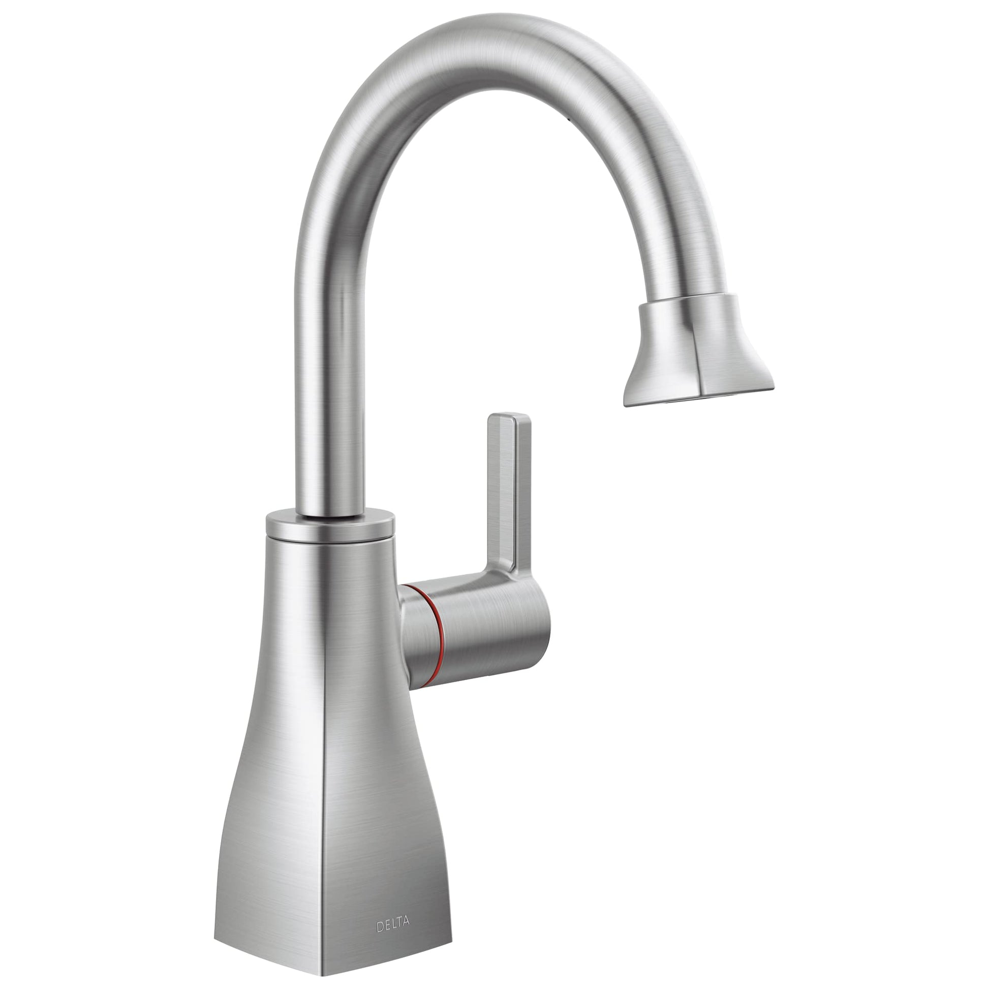 Brushed stainless steel instant hot water dispenser with curved gooseneck spout and single lever handle.
