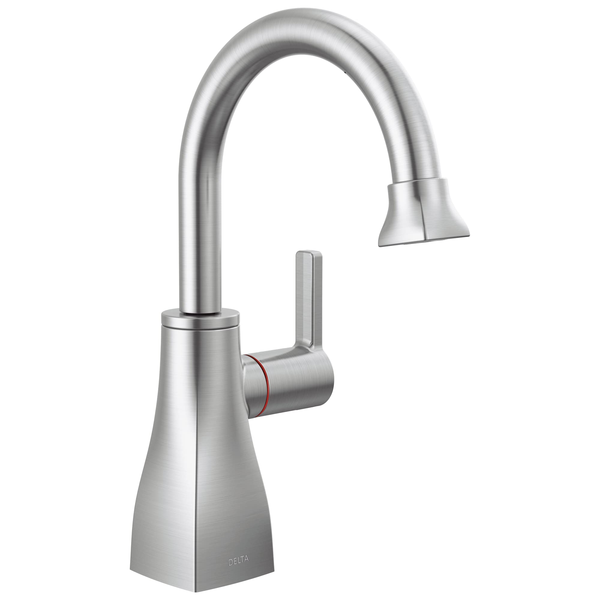 Brushed stainless steel instant hot water dispenser with curved gooseneck spout and single lever handle.
