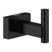 Matte black robe hook with rectangular mounting plate and cylindrical hook arm.