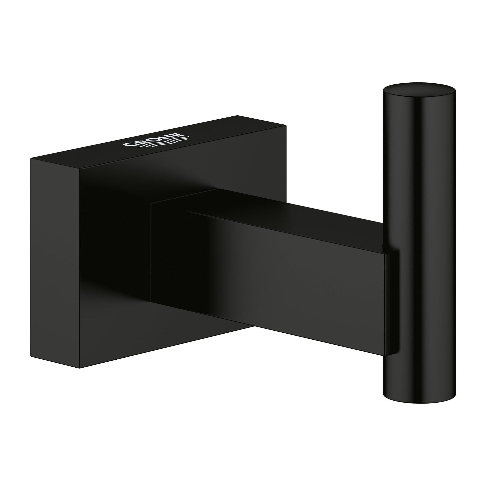 Matte black robe hook with rectangular mounting plate and cylindrical hook arm.