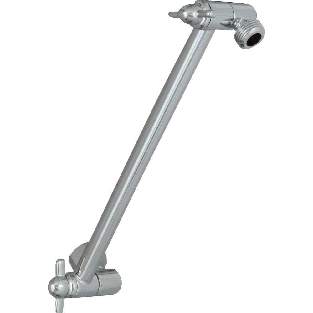 Chrome shower arm with adjustable elbow connector and threaded ports at both ends for wall and showerhead mounting.