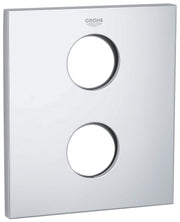 Chrome escutcheon plate with Grohe logo and two circular openings for valve installation.