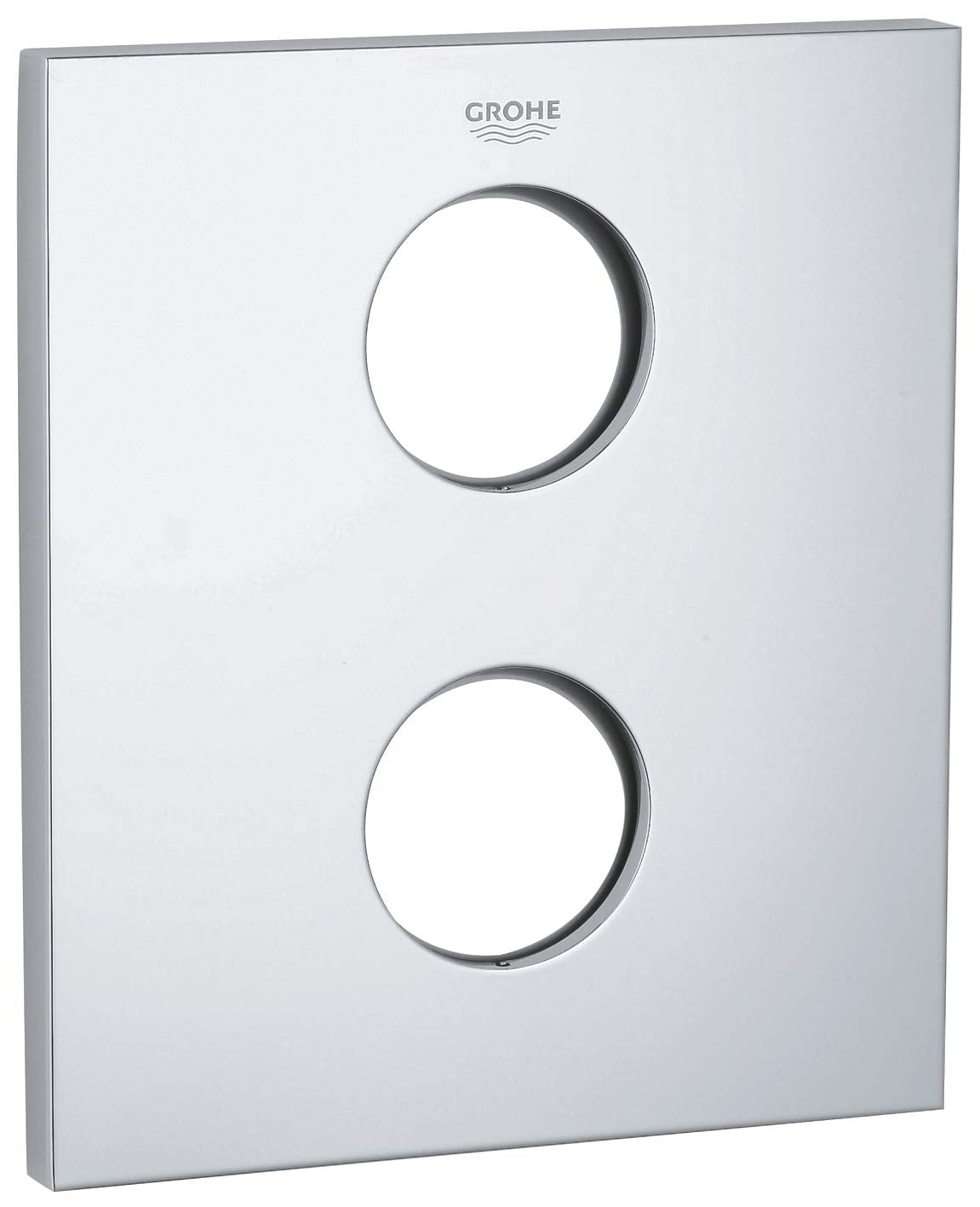 Chrome escutcheon plate with Grohe logo and two circular openings for valve installation.