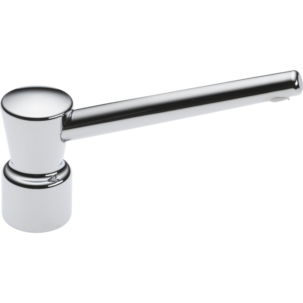 Chrome and white soap dispenser pump head with cylindrical pump mechanism and horizontal spout.