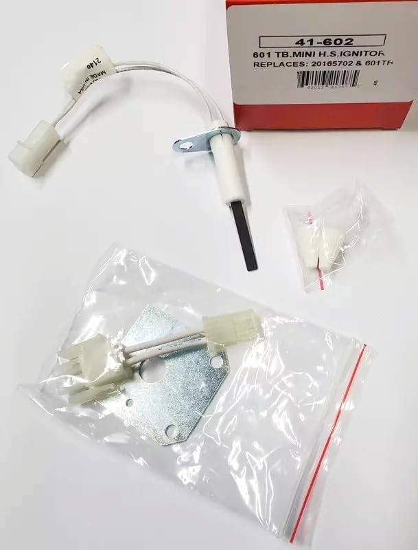 Robertshaw 41-602 hot surface ignitor with white ceramic element, metal mounting bracket, connectors, and packaging.