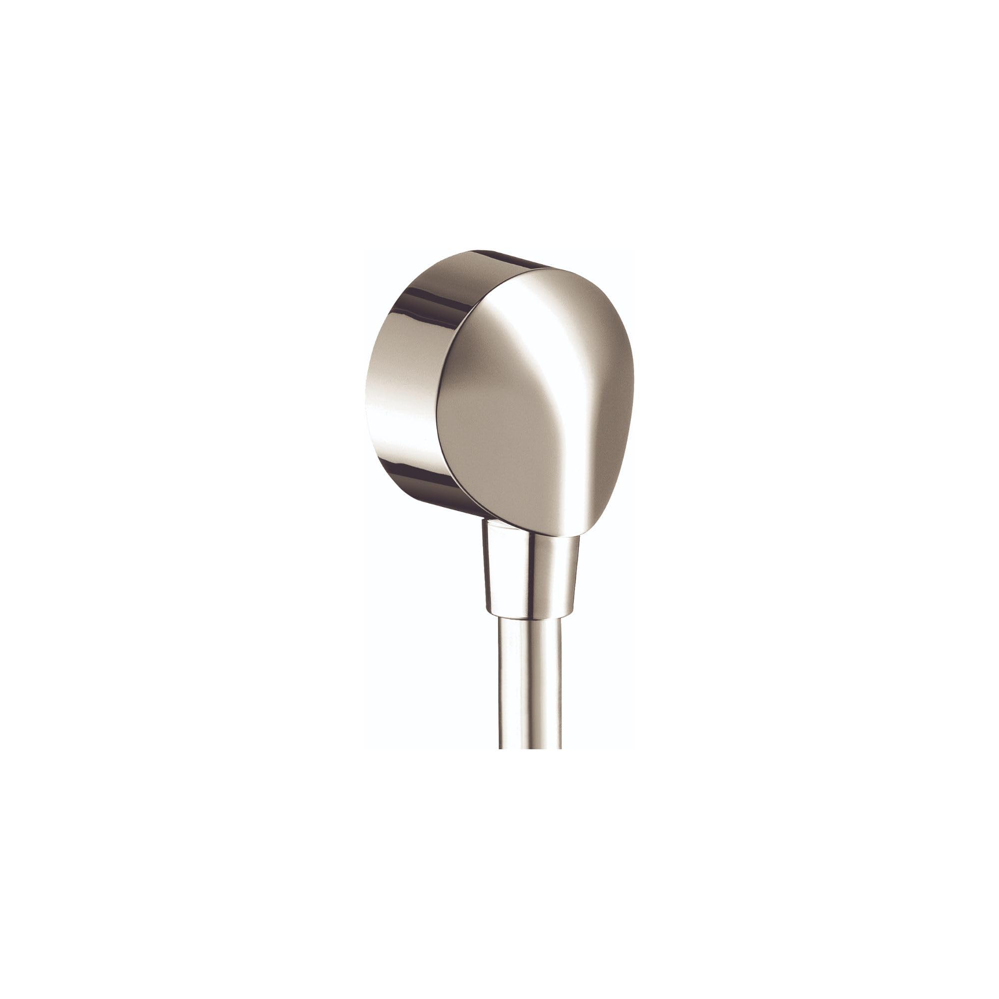 Polished nickel wall outlet with rounded cap and metal hose connection below.