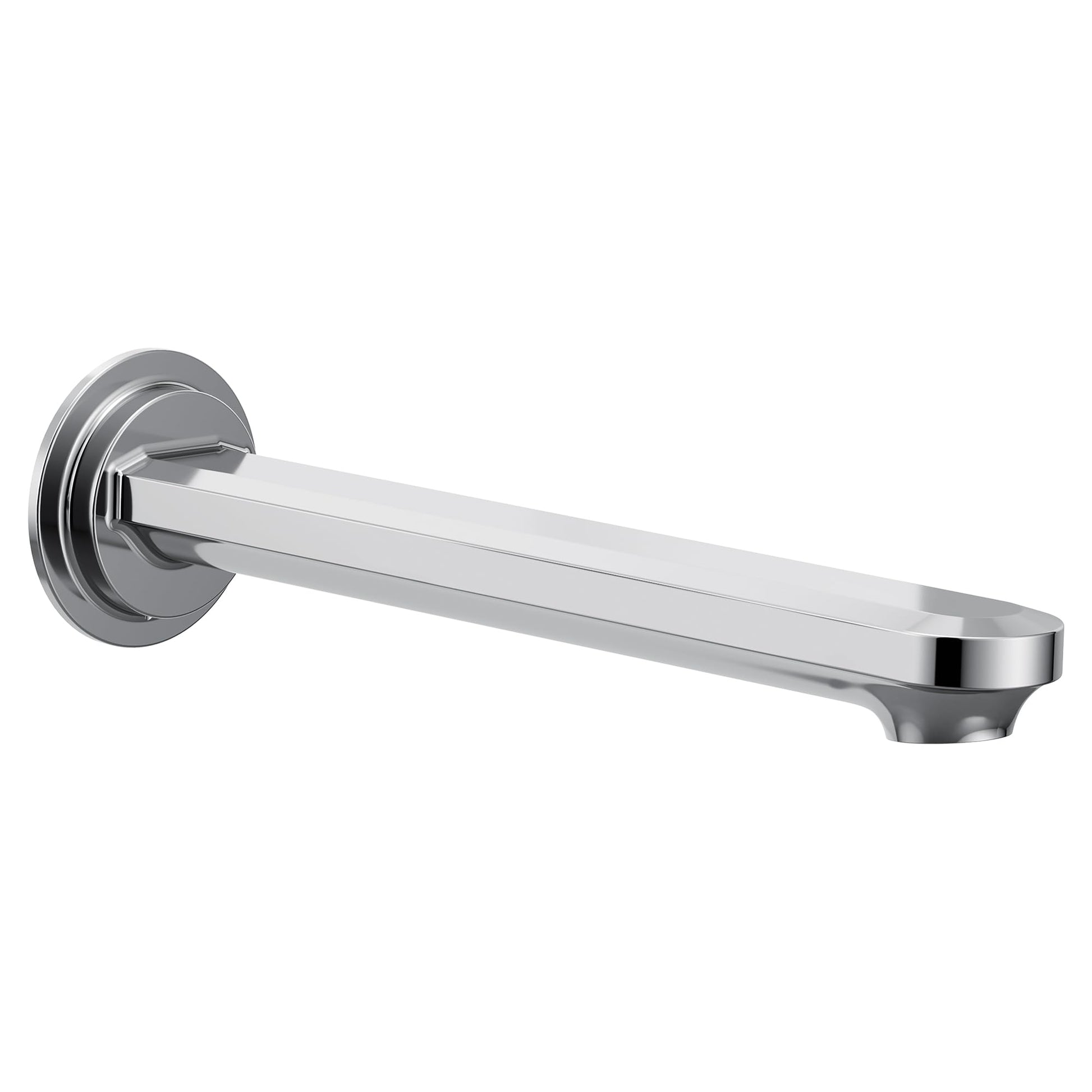 Chrome tub spout with curved rectangular body and round wall-mounted flange.