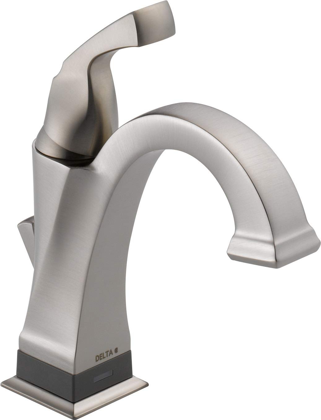 Brushed nickel single-handle bathroom faucet with curved spout and dark base sensor panel.