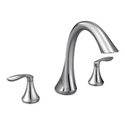 Chrome two-handle roman tub faucet with curved spout and tapered lever handles.