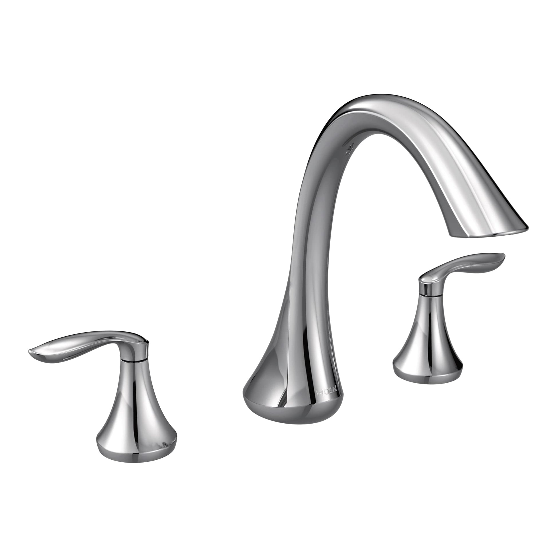 Chrome two-handle roman tub faucet with curved spout and tapered lever handles.
