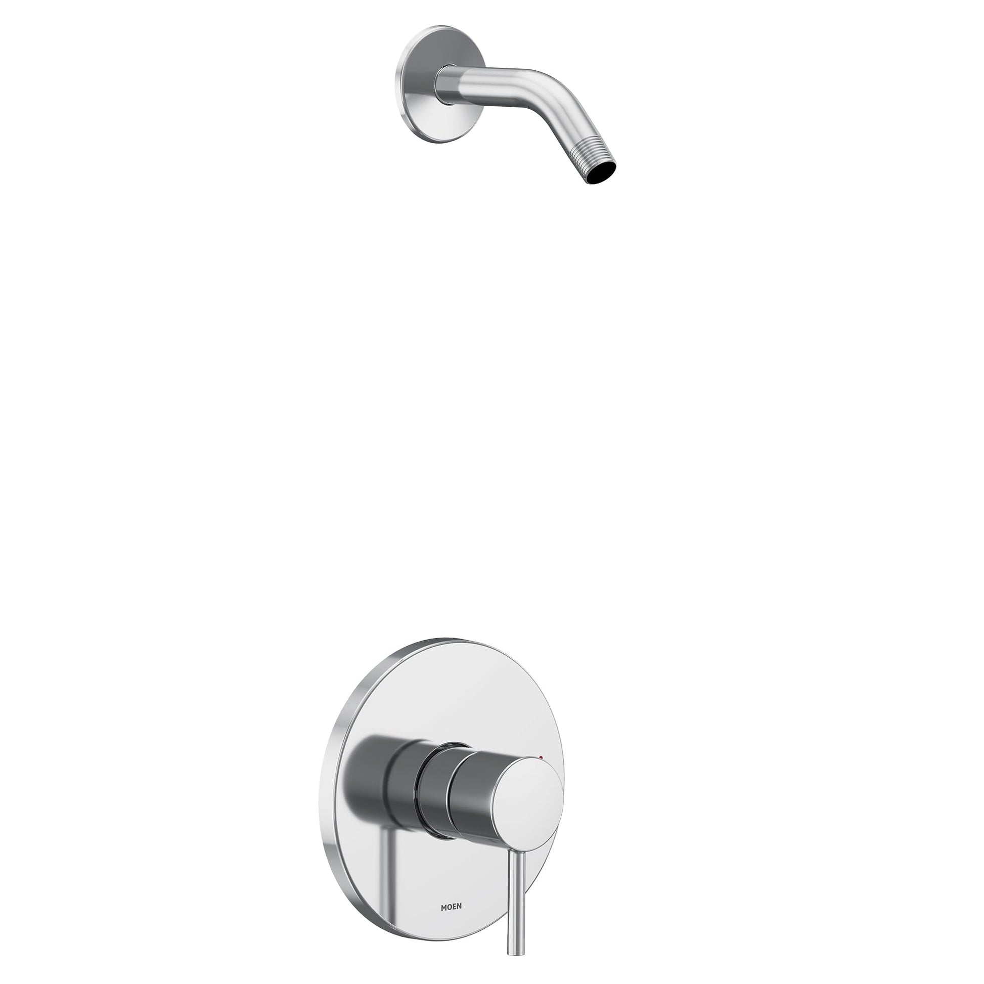 Chrome shower trim kit with single handle control, curved wall-mounted spout, and round escutcheon plate.