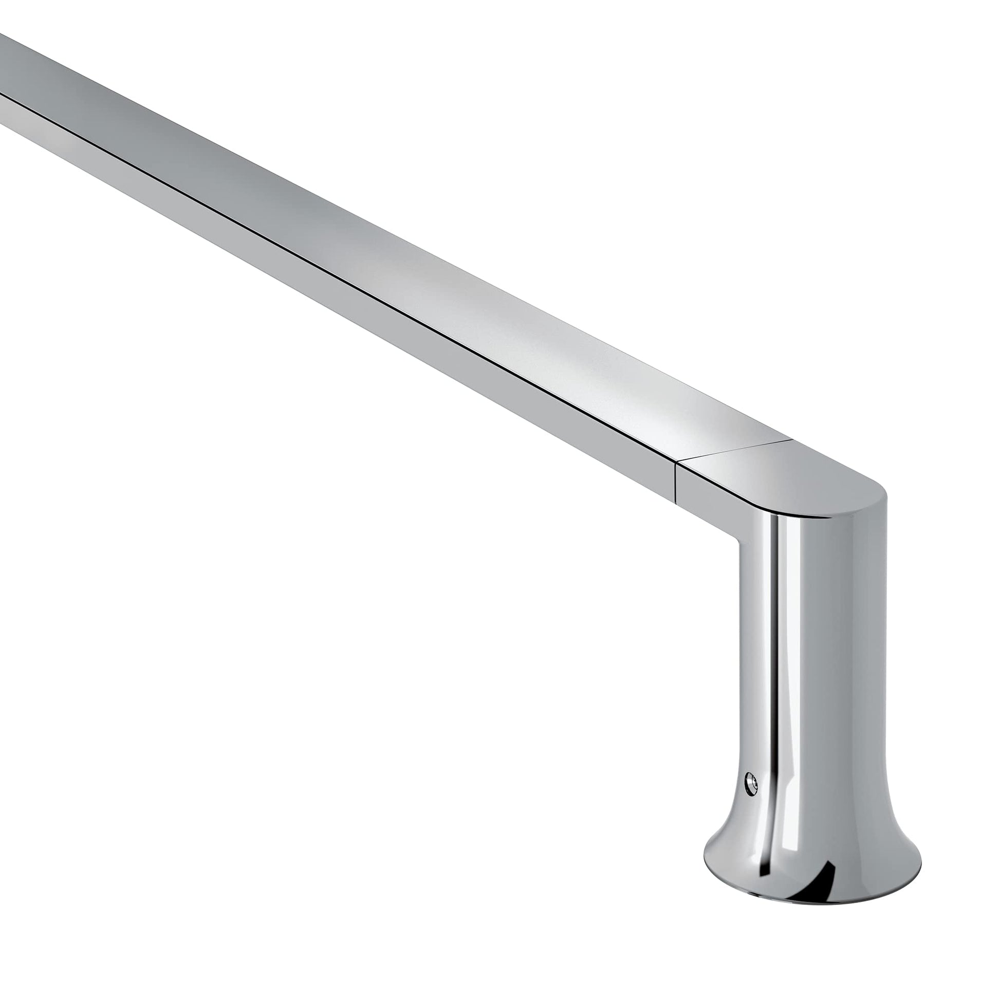 Chrome towel bar with cylindrical end supports and horizontal rail design.