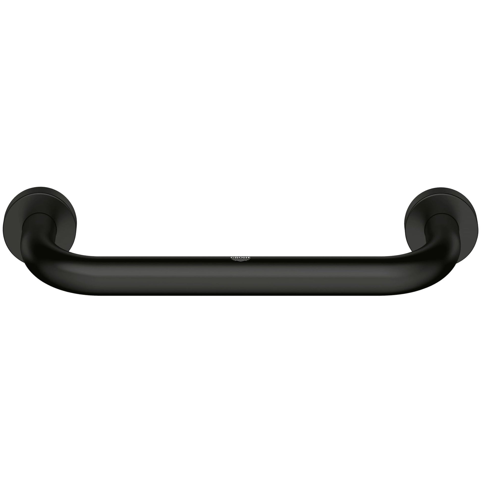 Matte black curved grab bar with circular wall-mounted flanges on each end.