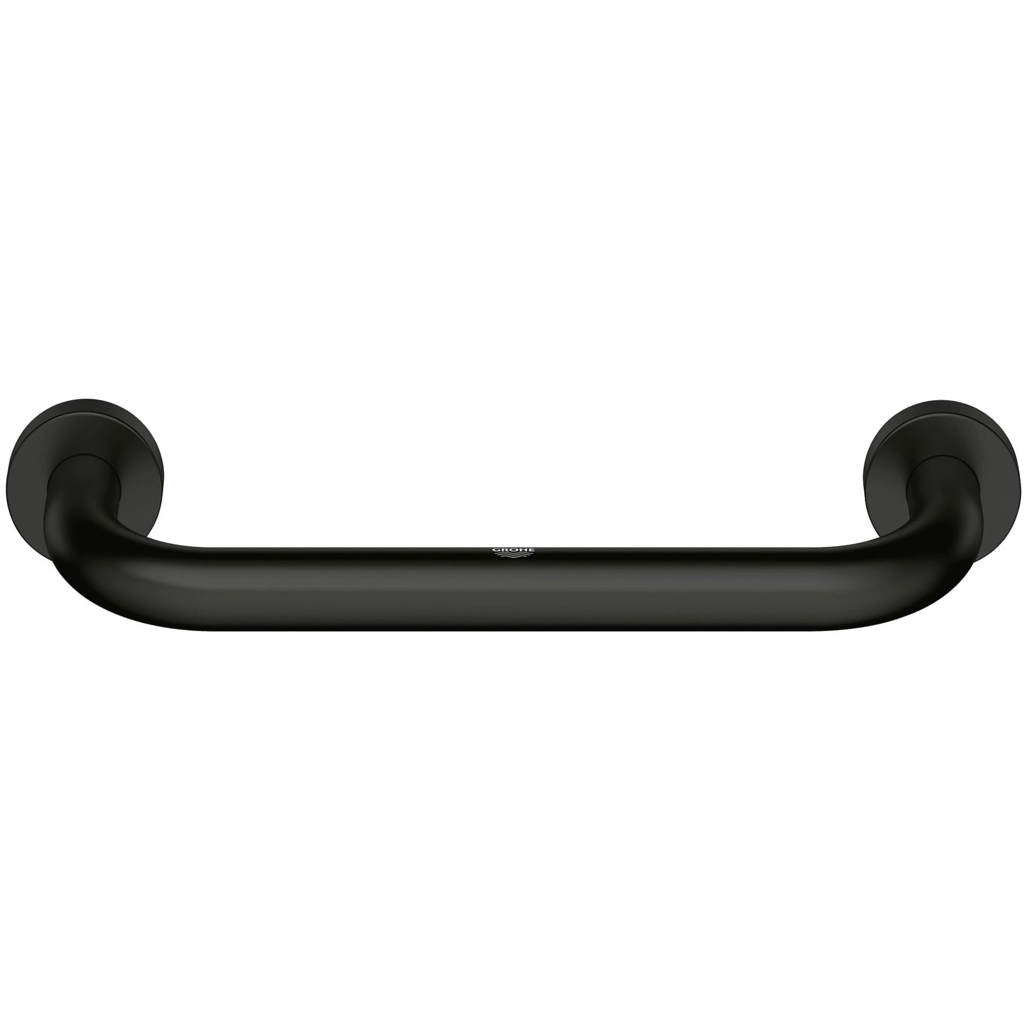 Matte black curved grab bar with circular wall-mounted flanges on each end.