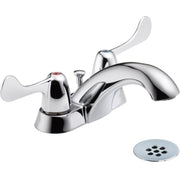 Chrome two-handle centerset lavatory faucet with lever handles, curved spout, and pop-up drain stopper.