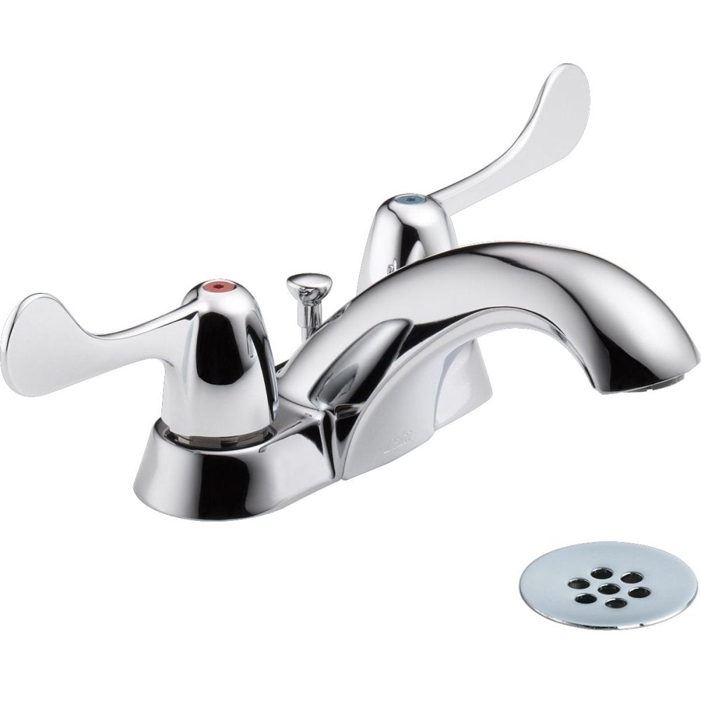Chrome two-handle centerset lavatory faucet with lever handles, curved spout, and pop-up drain stopper.